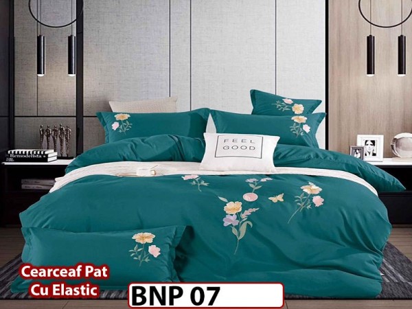 Lenjerie DELUXE din finet cu broderie si cearceaf elastic, 4 piese- BNP07