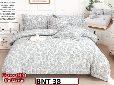 Lenjerie din  bumbac fin cu in grofat și lățos 6 piese cu cearceaf elastic -BNT38 Lenjerie din  bumbac fin cu in grofat și lățos 6 piese cu cearceaf elastic -BNT38