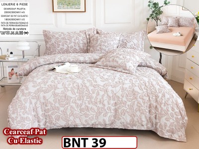 Lenjerie din  bumbac fin cu in grofat și lățos 6 piese cu cearceaf elastic -BNT39 Lenjerie din  bumbac fin cu in grofat și lățos 6 piese cu cearceaf elastic -BNT39