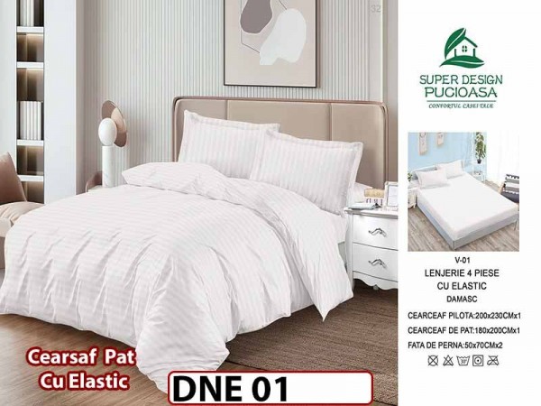 Lenjerie din damasc finet cu 4 piese, cearceaf cu elastic - DNE 01 Lenjerie din damasc finet cu 4 piese, cearceaf cu elastic - DNE 01