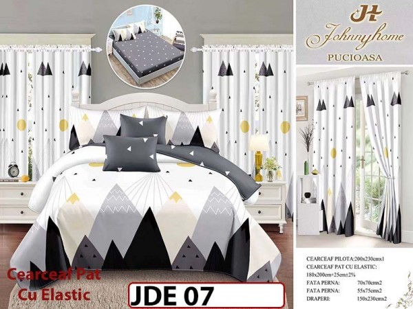 Lenjerie din finet cu cearceaf elastic din 8 piese cu Draperii - JDE07