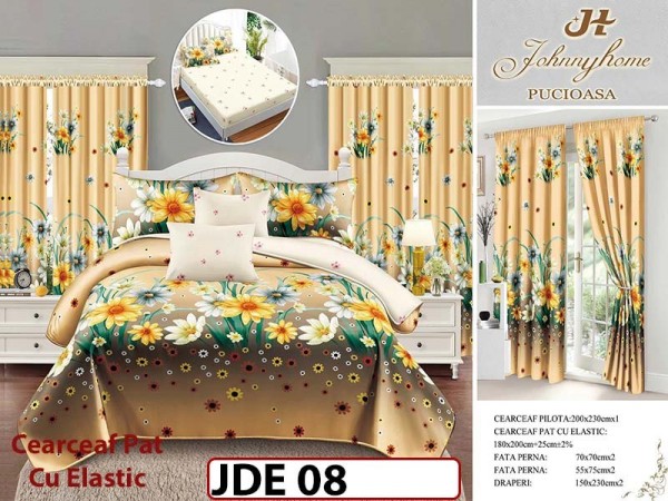 Lenjerie din finet cu cearceaf elastic din 8 piese cu Draperii - JDE08