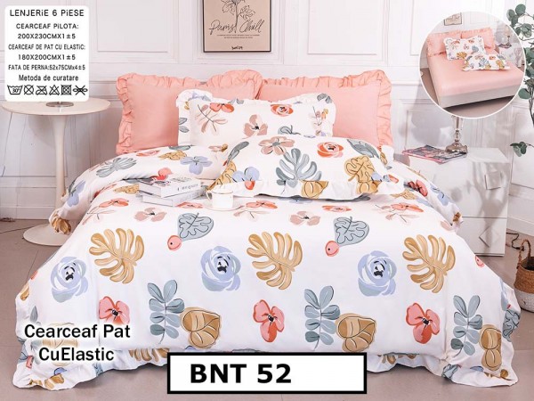 Lenjerie din  bumbac fin cu in grofat și lățos 6 piese cu cearceaf elastic - BNT52