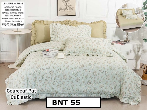 Lenjerie din  bumbac fin cu in grofat și lățos 6 piese cu cearceaf elastic - BNT55