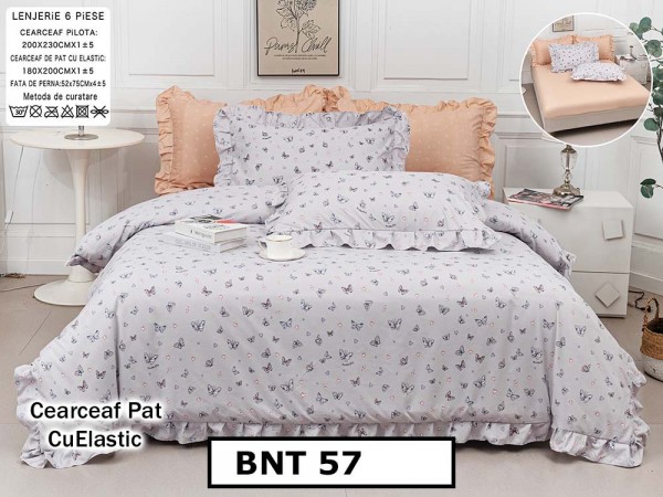 Lenjerie din  bumbac fin cu in grofat și lățos 6 piese cu cearceaf elastic - BNT57