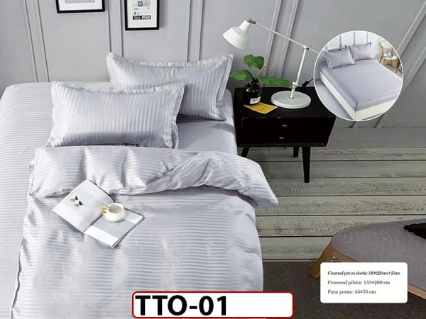 Lenjerie pat o persoana din 100% bumbac Damasc Hotelier cu elastic- TTO01