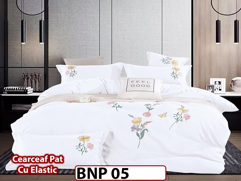 Lenjerie DELUXE din finet cu broderie si cearceaf elastic, 4 piese- BNP05