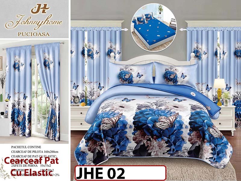 Lenjerie din finet 1 Persoana cu elastic din  6 piese cu Draperii - JHE02