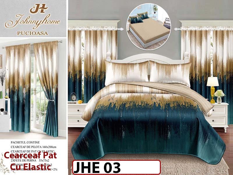 Lenjerie din finet 1 Persoana cu elastic din  6 piese cu Draperii - JHE03