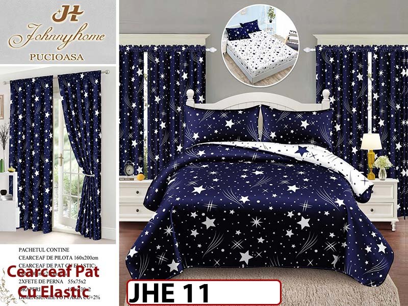 Lenjerie din finet 1 Persoana cu elastic din  6 piese cu Draperii - JHE11