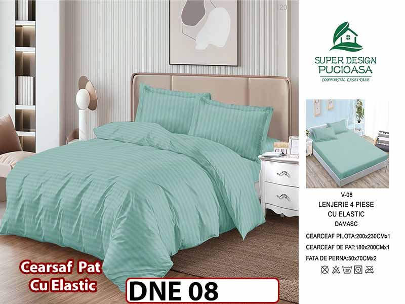 Lenjerie din damasc finet cu 4 piese, cearceaf cu elastic - DNE 08